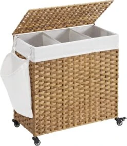Hoppa! Wasmand, Handgeweven Wasmand, 140L Rotan-stijl Met 3 Compartimenten, Uitneembare Voering, Handgrepen, Deksel, Voor Woonkamer, Badkamer, 26 X 13 X 23.6 Inch, Natuurlijk