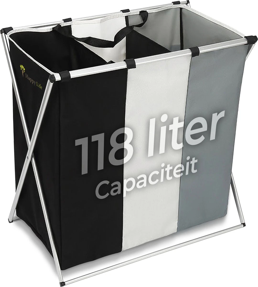 HAPPY LIFE – Wassorteerder – Stevige Grote Wasmand Met 3 Vakken – 118 L Opvouwbaar – Aluminium - Polyester