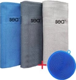 SEA Microvezeldoekjes | Schoonmaakdoeken | Duurzaam | Microvezel Doek Auto | Reinigingsdoekjes | Microvezeldoeken | Schoonmaakdoekjes | Raamdoeken | 60x40cm | 3 Stuks + 1 Stuk Siliconen Schoonmaakspon