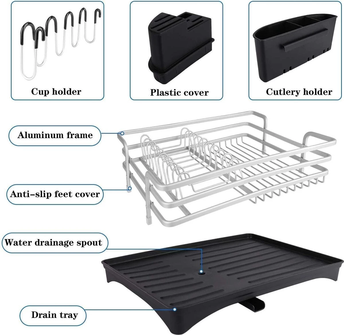 Doogo® Afdruiprek Met Bestekkorf En Lekbak Voor Keukenborden En Bestek Afdruiprek Met Draaibare Uitloop - Afbeelding 3