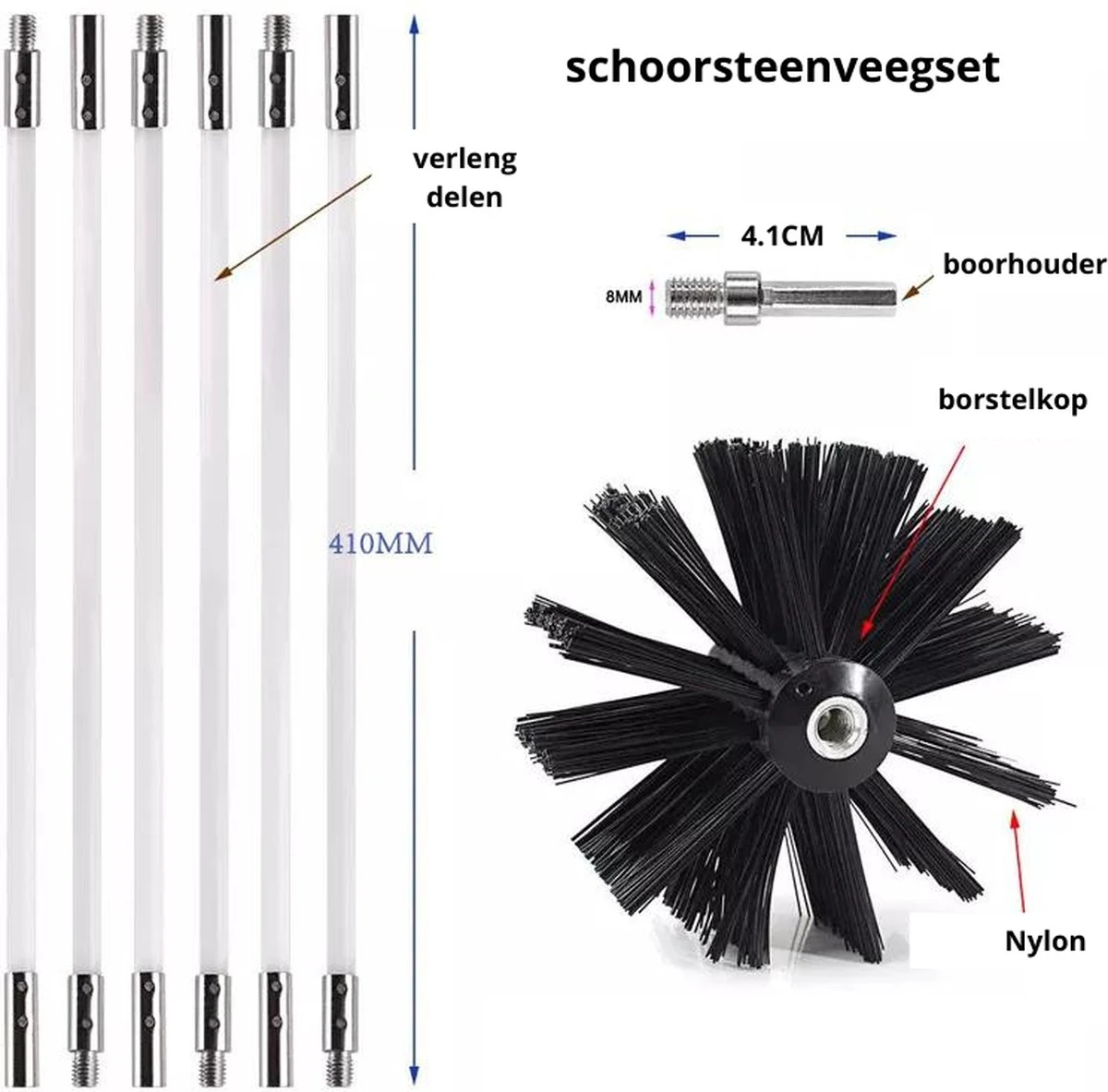 NIRAX Professionele Schoorsteenveegset Verstelbaar Tot 9 Meter – Schoorsteenveger - Veegkit – Schoorsteen Borstel - Schoorsteenreiniger - Borstel Set - Kachel - Onderhoud - Afbeelding 4