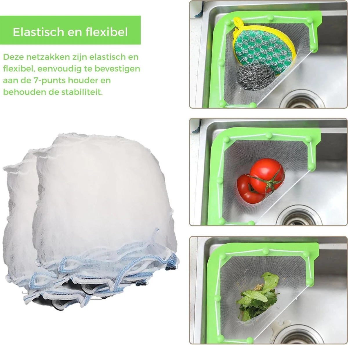 Merkloos Gootsteen Organizer - Gootsteen Afval Netje - Gootsteenontstopper - Spoelbak - Incl. 50 Netjes - Afbeelding 4