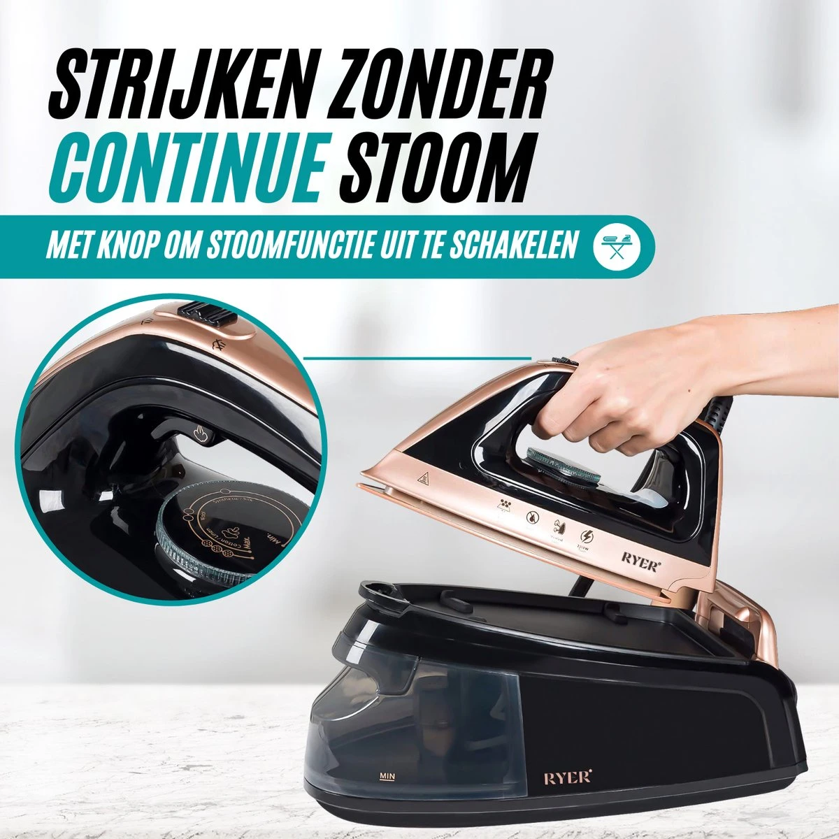 RYER Stoomstrijkijzer Met Stoomgenerator - Iron - Keramische Zoolplaat - Afbeelding 7