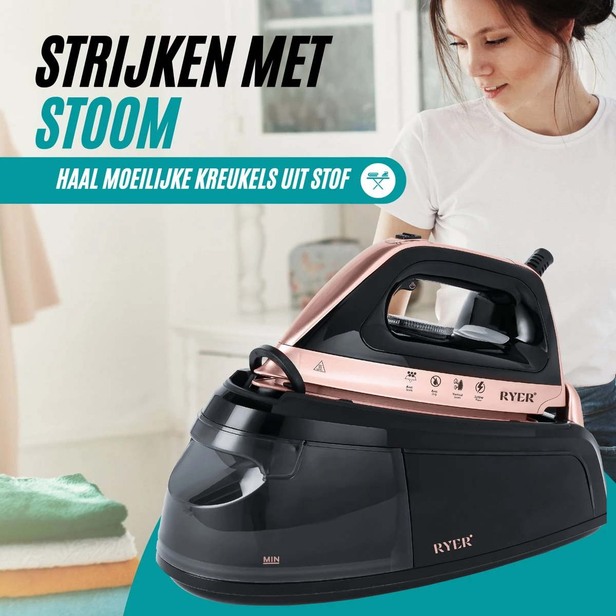 RYER Stoomstrijkijzer Met Stoomgenerator - Iron - Keramische Zoolplaat - Afbeelding 9