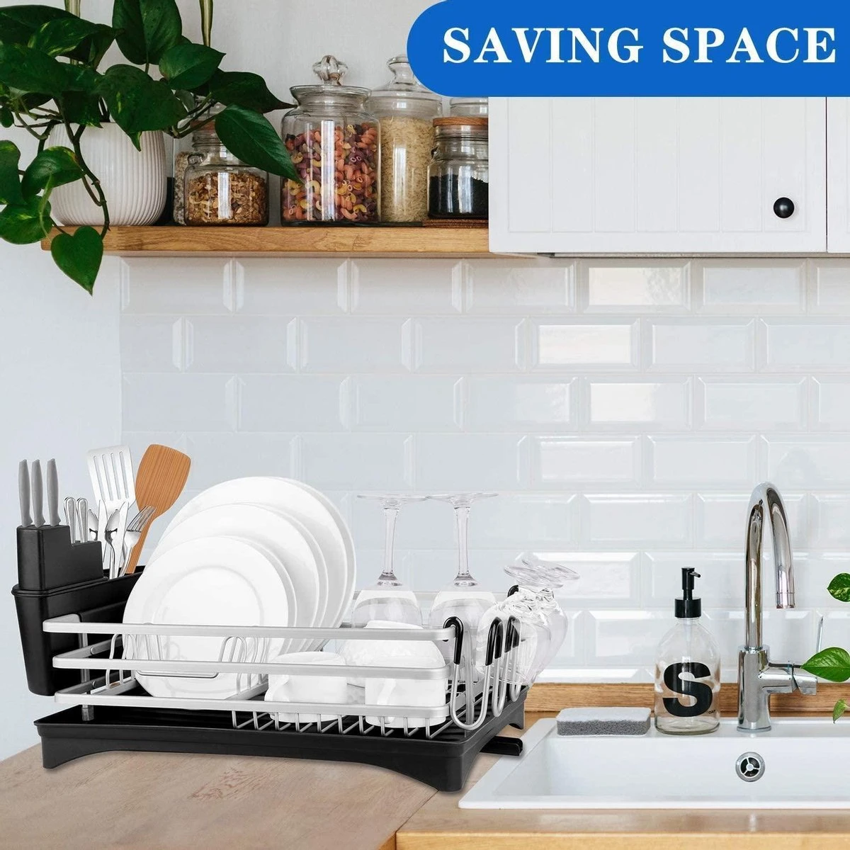 Doogo® Afdruiprek Met Bestekkorf En Lekbak Voor Keukenborden En Bestek Afdruiprek Met Draaibare Uitloop - Afbeelding 6