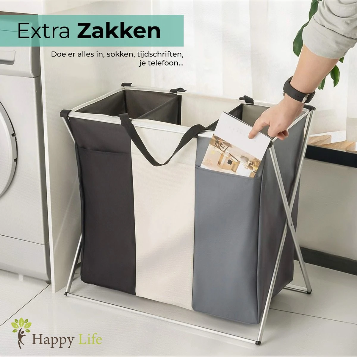 HAPPY LIFE – Wassorteerder – Stevige Grote Wasmand Met 3 Vakken – 118 L Opvouwbaar – Aluminium - Polyester - Afbeelding 5