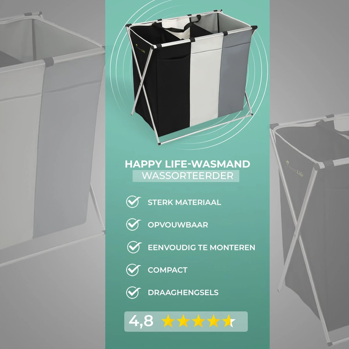 HAPPY LIFE – Wassorteerder – Stevige Grote Wasmand Met 3 Vakken – 118 L Opvouwbaar – Aluminium - Polyester - Afbeelding 7