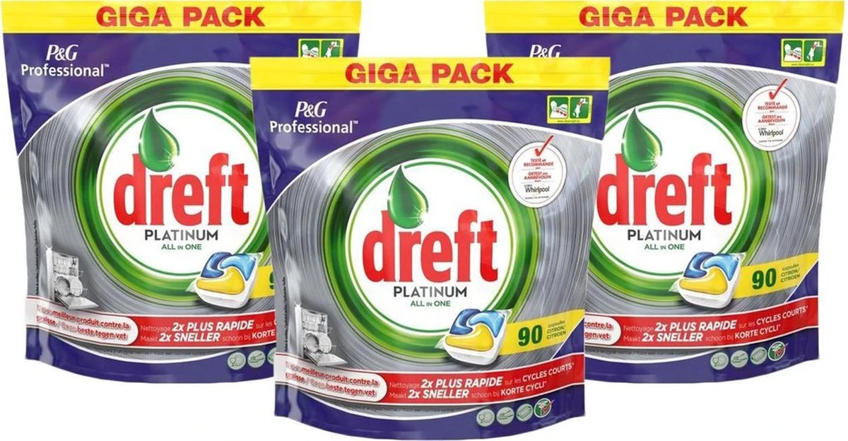 Dreft Platinum - All In One Lemon - 3 X 90 (270) Stuks - Vaatwastabletten - Voordeelverpakking